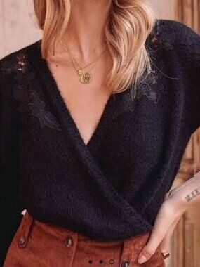 EUC Sezane Timothee Mohair Wool Embroidered Sweater Black XS